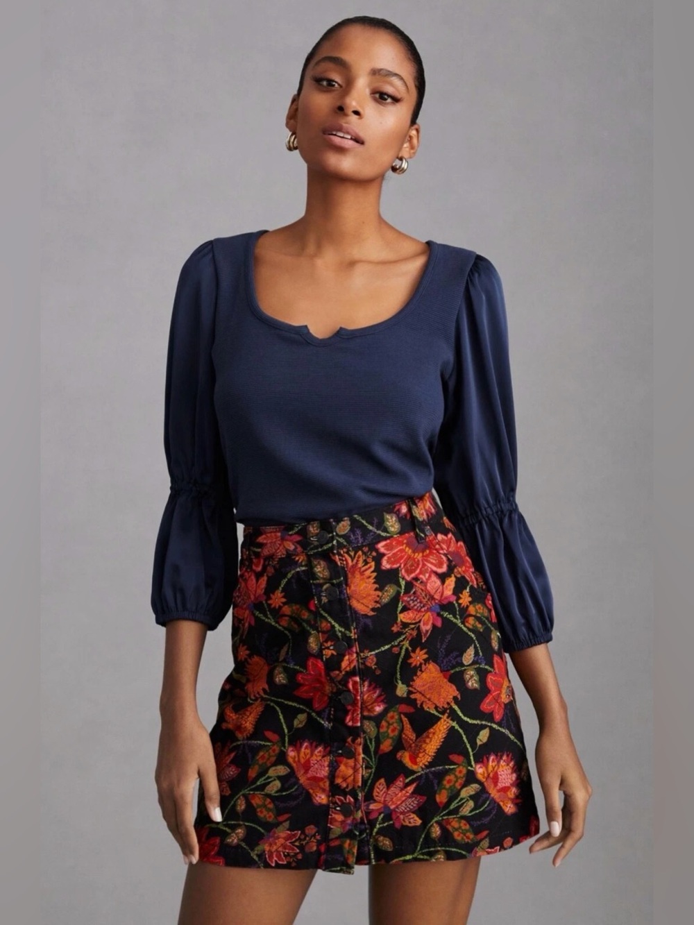Anthropologie Maeve Ribbed Satin Tiered Balloon Sleeve Top XL navy blue holiday